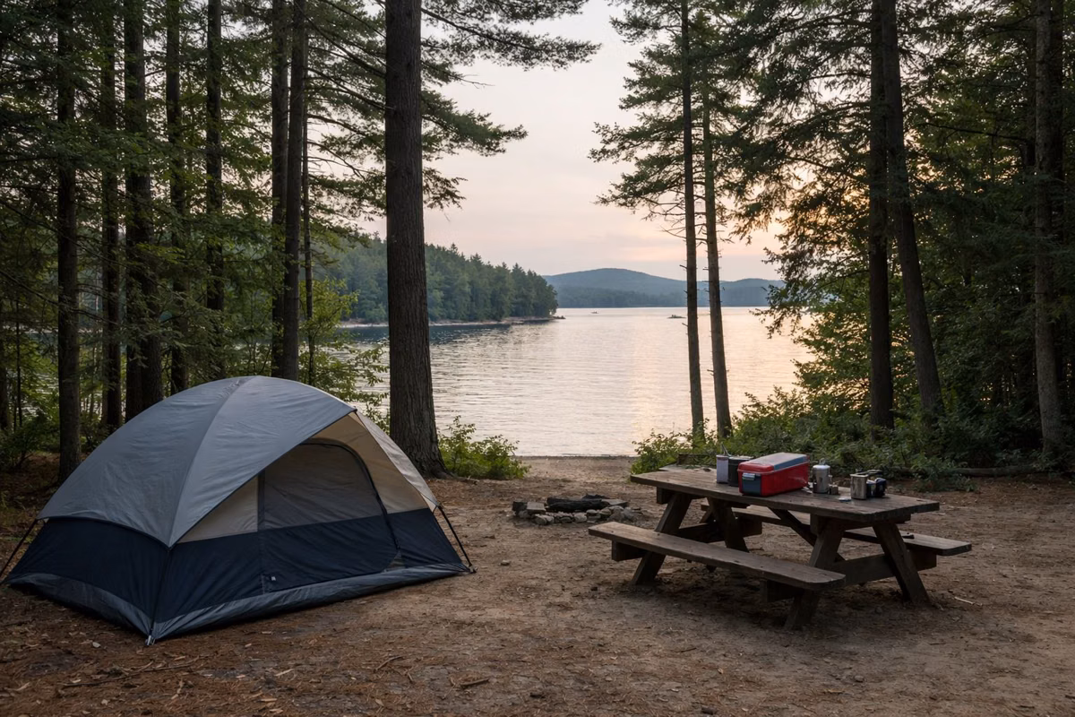 A tent and a picnic table at a wooded campsite under tall pines, the lake glinting through the trees